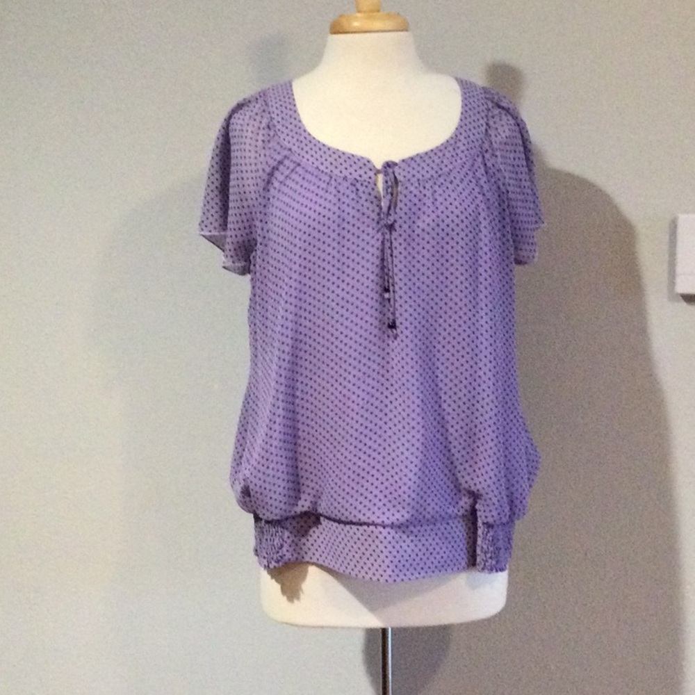 Dressbarn Purple w/Black Polka-dots Smocked Sides Lined Blouse XL
